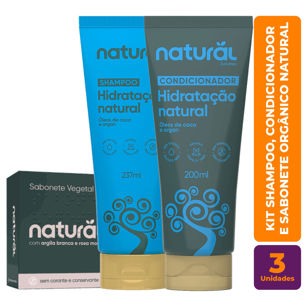 Kit Sabonete Argila Branca & Rosa Mosqueta, Shampoo e Condicionador Natural da Linha Oleo de Coco e Argan - Orgânico Nat