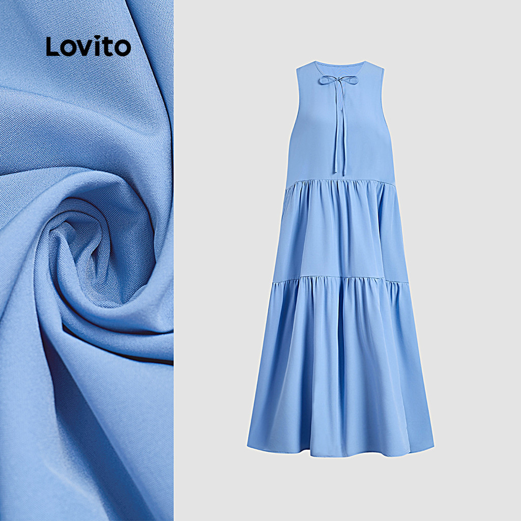 (New) Lovito Vestido Casual de Primavera/verão para Mulher com Cadarço de Renda azul L142ED469 em Oferta na Shopee