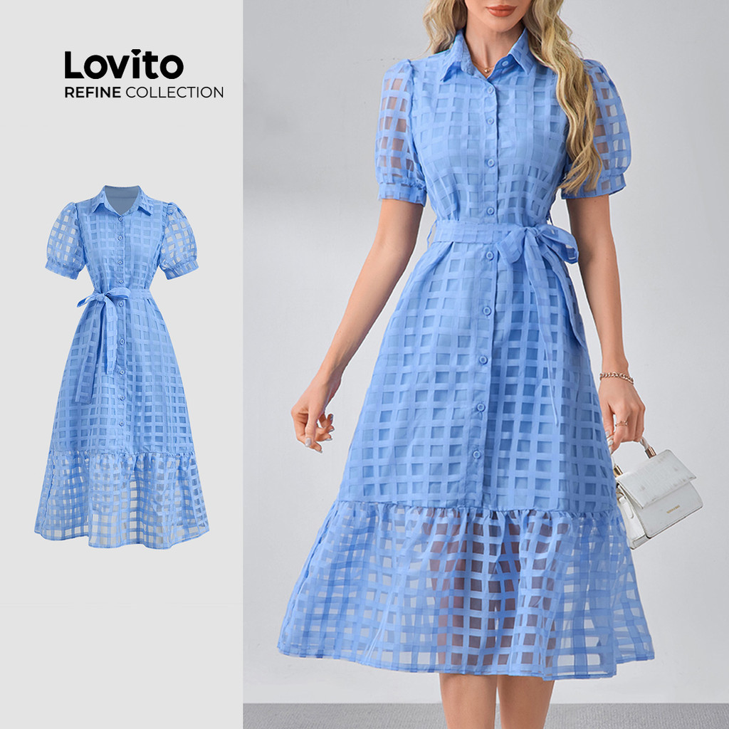 (NEW) (Lovito Refine) Vestido Elegante de Botões com Cinto para Primavera/verão  Azul  para mulheres LR13L065 em Oferta na Shopee