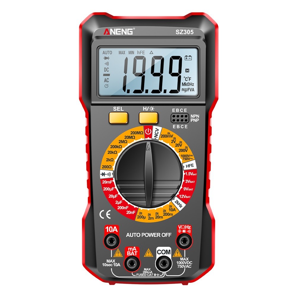 Multímetro Profissional ANENG SZ305, 750VAC 1000VDC hFE Capacímetro Frequencímetro 2KHz 200MOhm