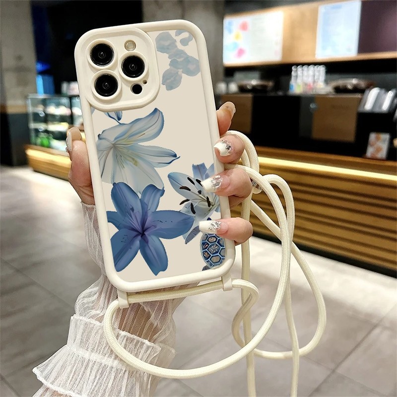 Flor azul retrô, cordão de capa TPU para iPhone 11 16 15 14 13 12 Pro Max XS XR X em Oferta na Shopee
