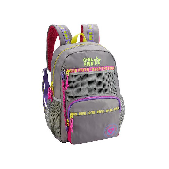 Mochila Escolar Feminina Costas Power Girl Juvenil Tecido Dry Cor Cinza