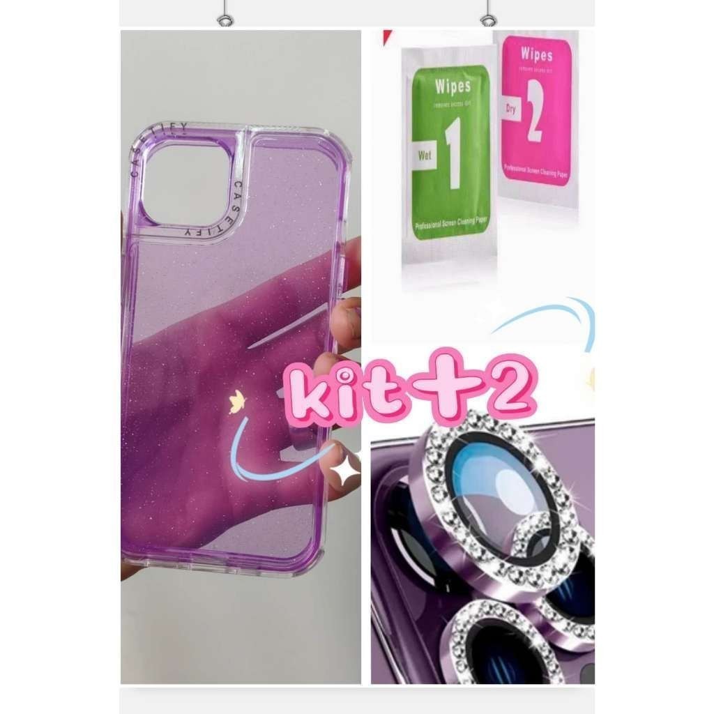 Capa protetora transparente 3 em 1... com glitter + 1 kit de película de diamante para iPhone11 12 13 14 15 16 Promax HI em Oferta na Shopee