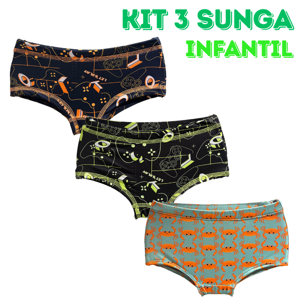 Kit 3 Sunga Infantil Proteção Solar Moda Praia e Banho Com Forro UV50+ Bebê Menino Juvenil Tam 1 A 12 Anos