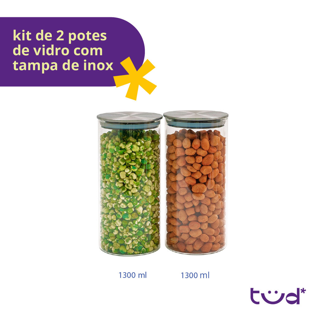 Kit 2 potes de vidro com tampa inox hermético redondo 1,3L - Tud