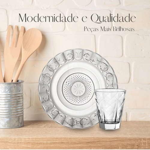 Jogo Jantar 12 Peças Com 6 Pratos Fundo + 6 Copos Vidro