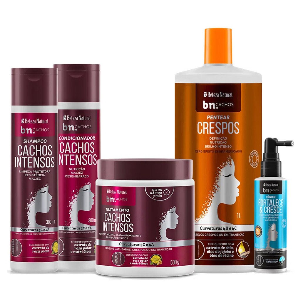 Kit Beleza Natural Cachos Intensos + Pentear Crespos + Tônico Capilar 100ml (3 Unidades) em Oferta na Shopee