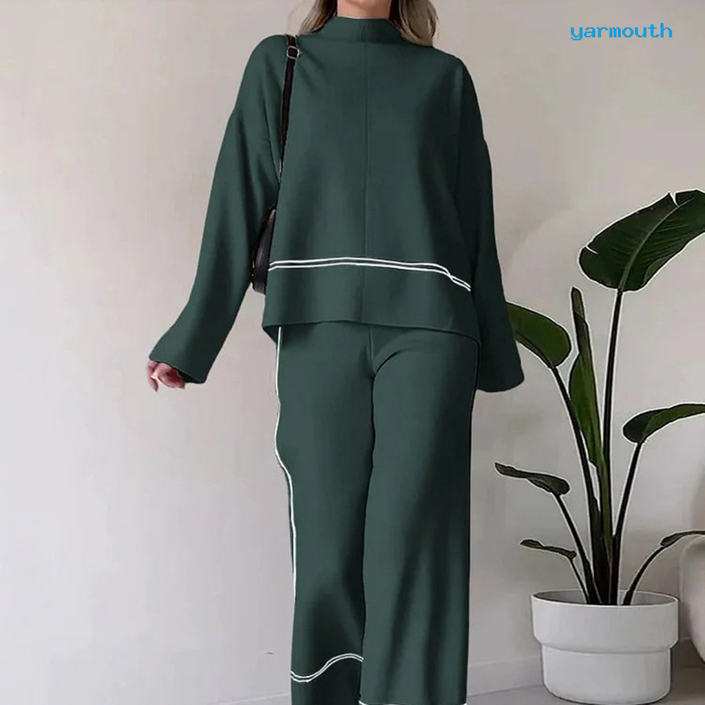 [YA] Pescoço redondo de mulheres com manga longa estira a cintura alta costume de perna larga casual — imagem 2 de 2