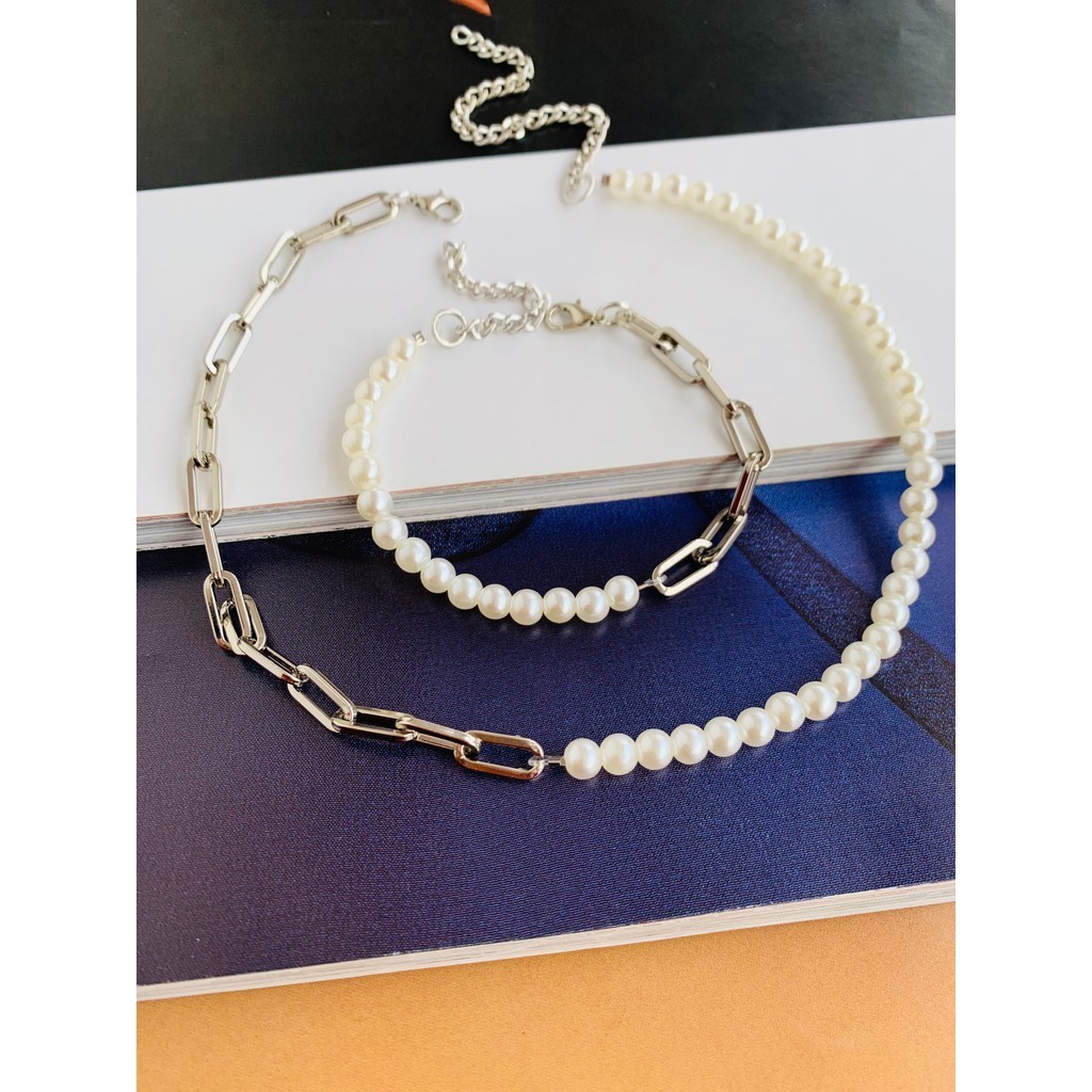 Conjuntos Semi Joia colar e pulseira de pérolas e correntes colar Duo