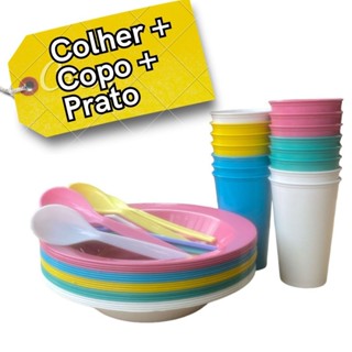 Kit coisa cozinha infantil 5 pratos + 5 copo + 5 colheres borda reforçado promoção microondas color em Oferta na Shopee