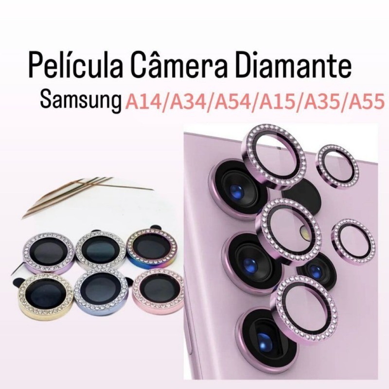 Kit (3 Peças) Película de Câmera Strass Diamante para Samsung A14 A24 A34 A54 A15 A35 A55