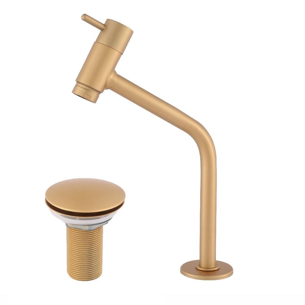 Kit Torneira Banheiro Lavabo Baixa Dourado Fosco + Valvula Click Dourado Fosco 7/8