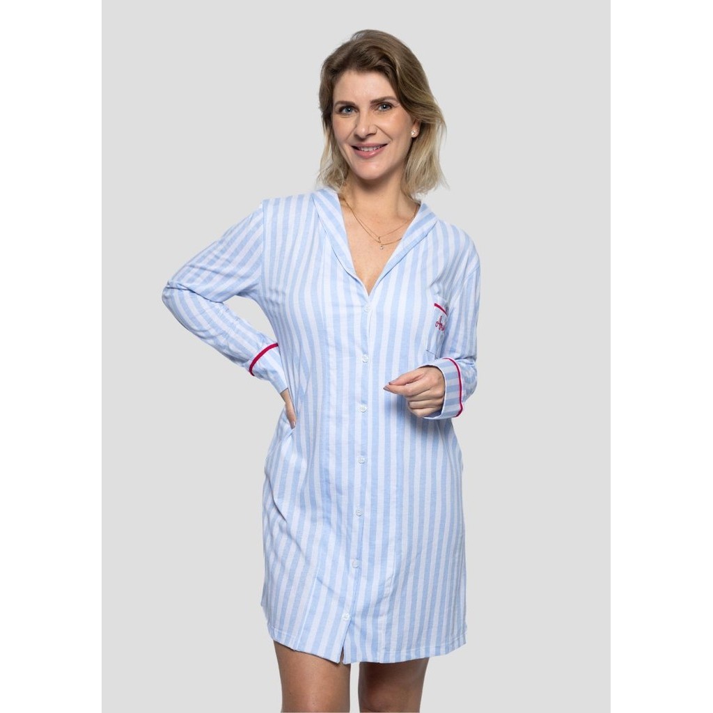 Camisola Feminina modelo Americano Botões Frente Manga Longa Algodão Amamentação-Listrado Azul