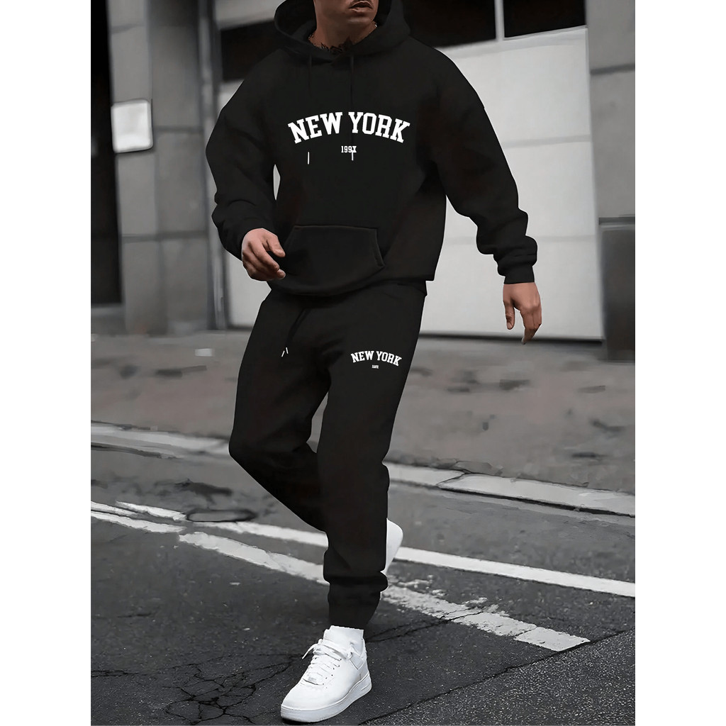 Conjunto New York Moletom Canguru E Calça De Frio Casaco Abrigo Quente Kit NY Blusa E Calça Slim Masculino Agasalho Tecido Confortável