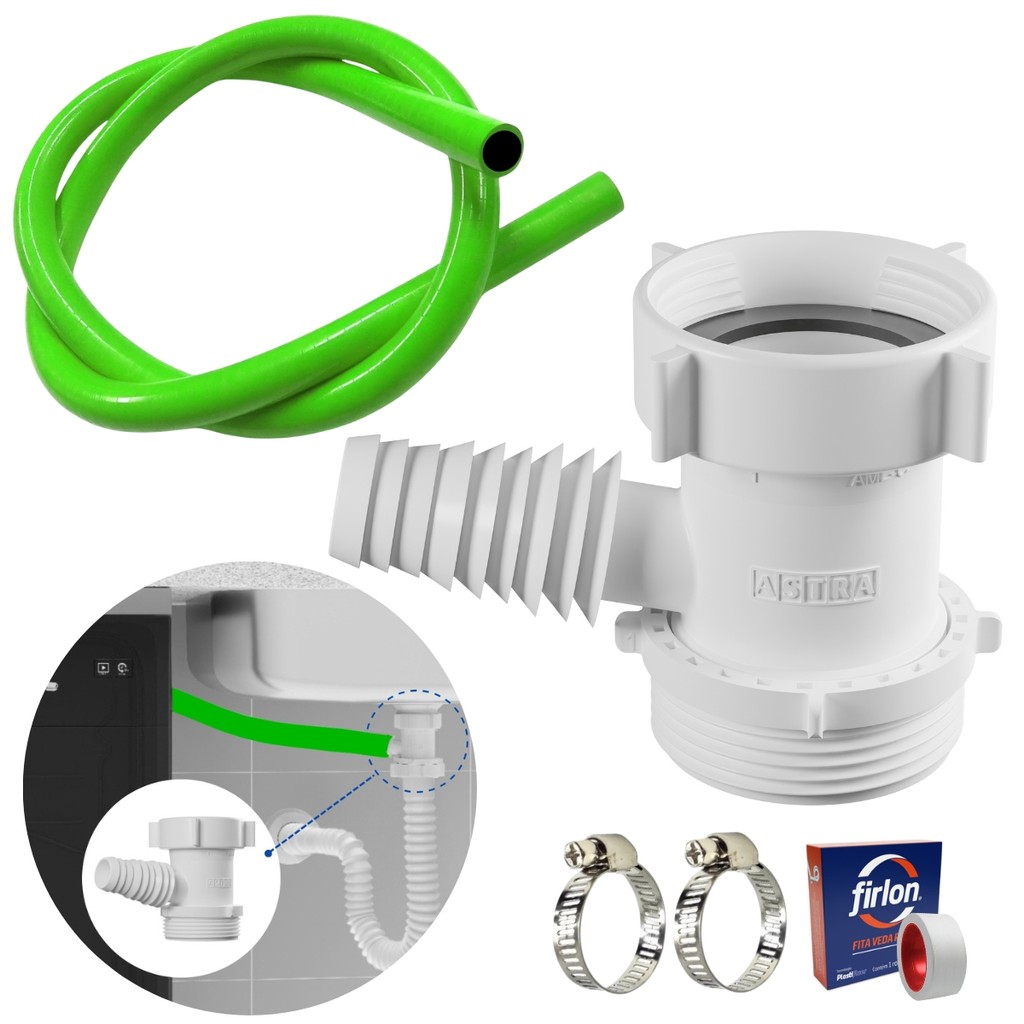 Adaptador Para Máquina de Lavar Louça + Mangueira + Abraçadeira Aço Inox 1" + Fita Veda Rosca
