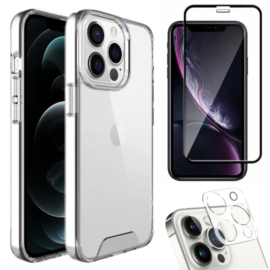 Kit 3em1 Compatível Com iPhone 11 Pro Max - Capa Clear Space + Película de Vidro 3D Tela + Película de Câmera