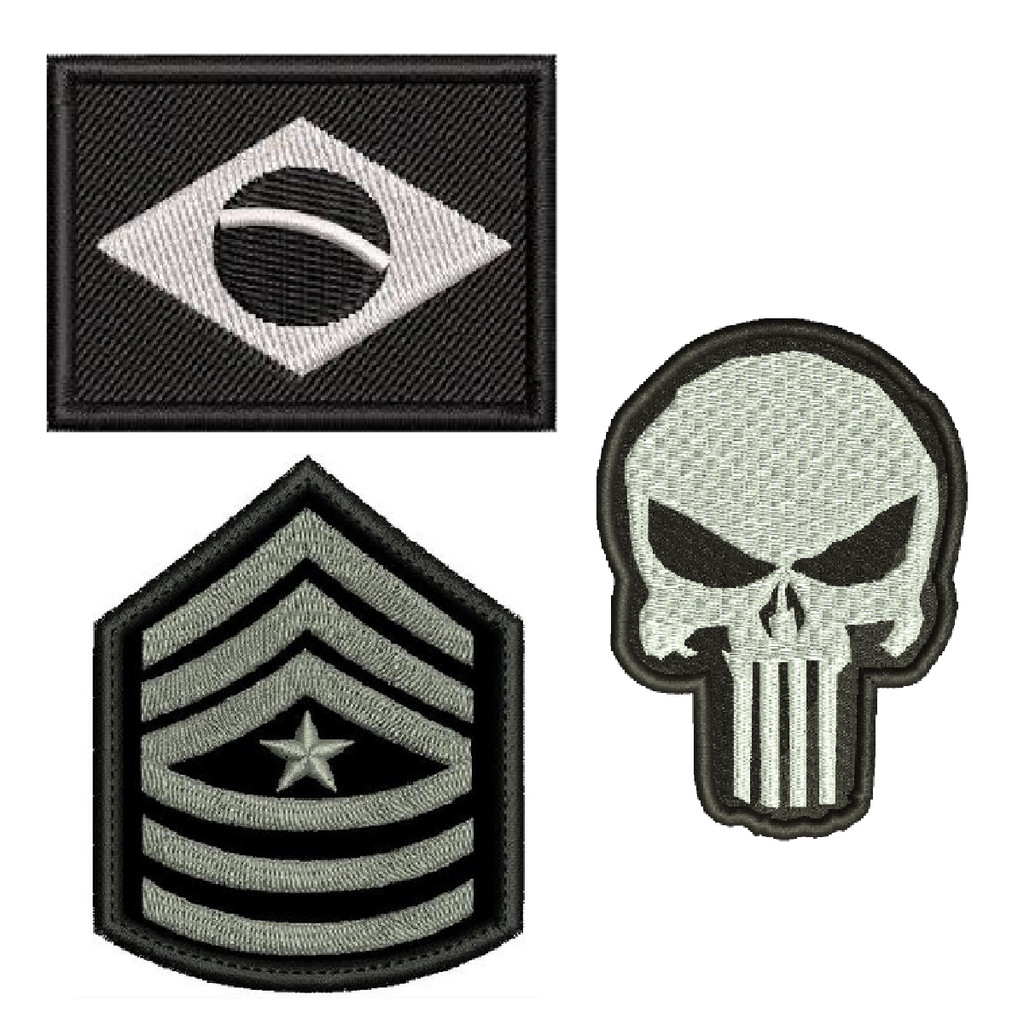 Kit 3 Patch Bordado Airsoft Caveira Divisa Exercito Brasil