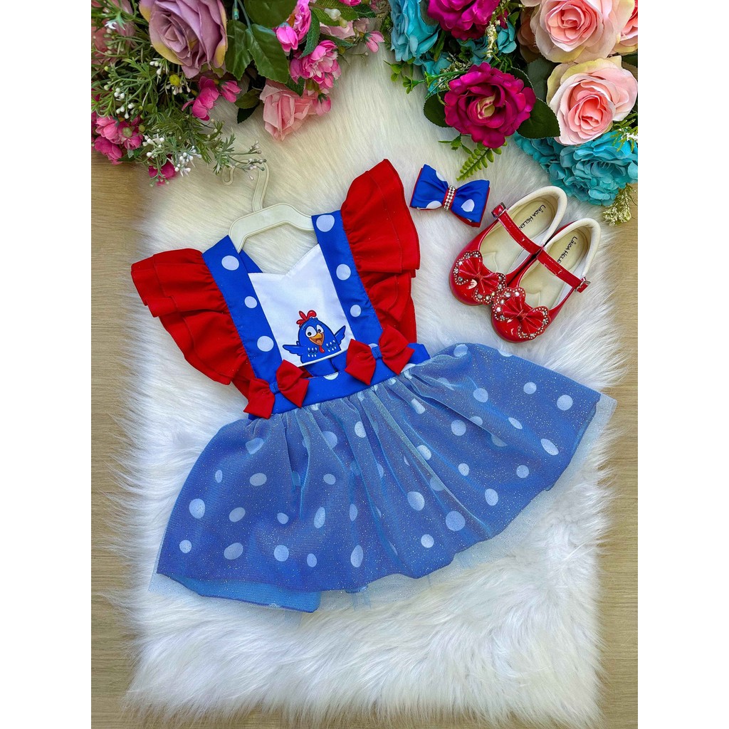 Romper Vestido + Laço Galinha Pintadinha Azul Vermelho Infantil Juvenil Princesa Festa Aniversário Luxo Poliéster + Tule