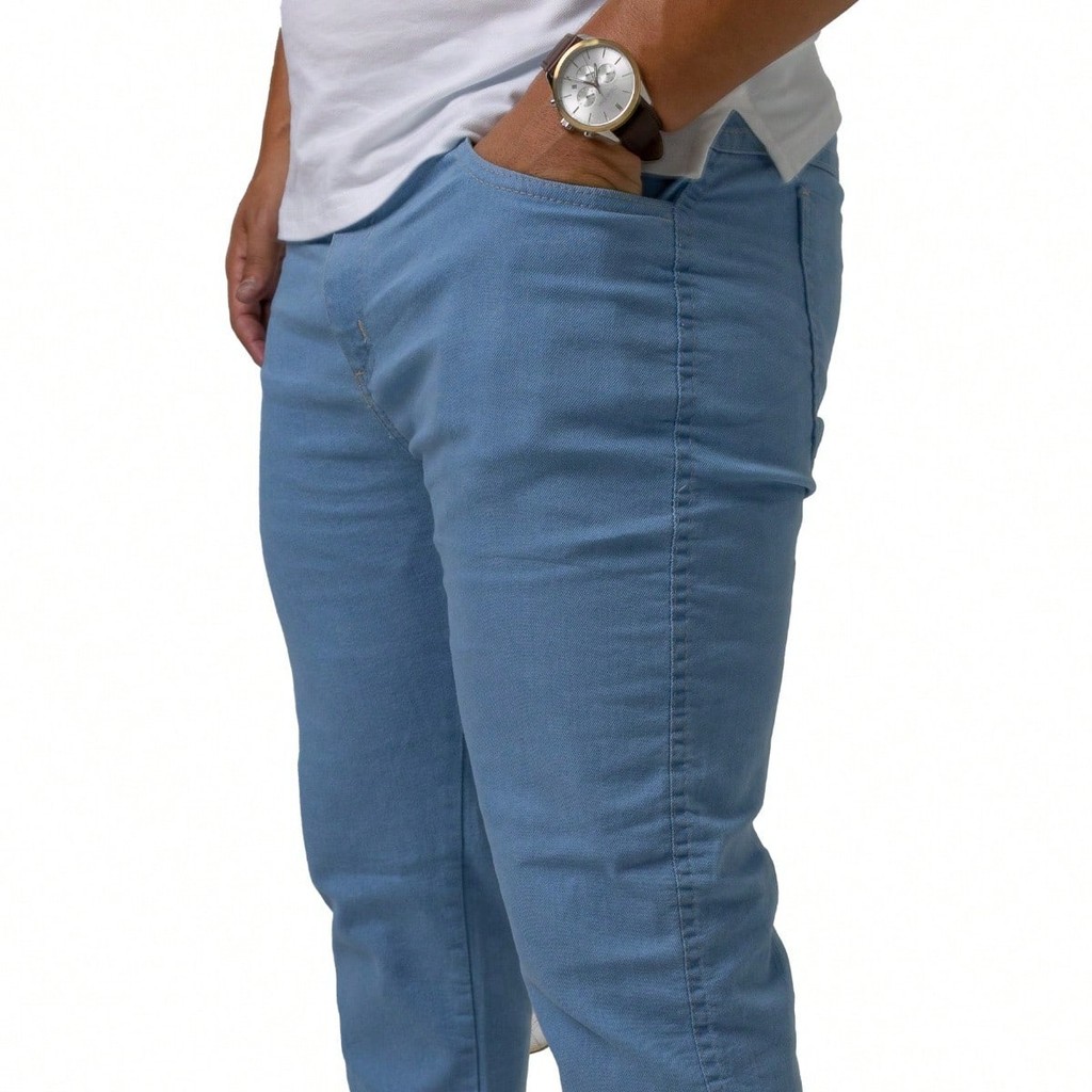 Calca Jeans Slim Fit Masculina  Basica Lycra Azul Claro Elastano Casual Sarja Trabalho