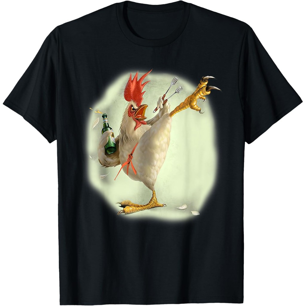 2024 Camiseta Masculina Chicken Beer Karate Kick Cool Chicken Funny Chicken Farmer T-Shirt Nova