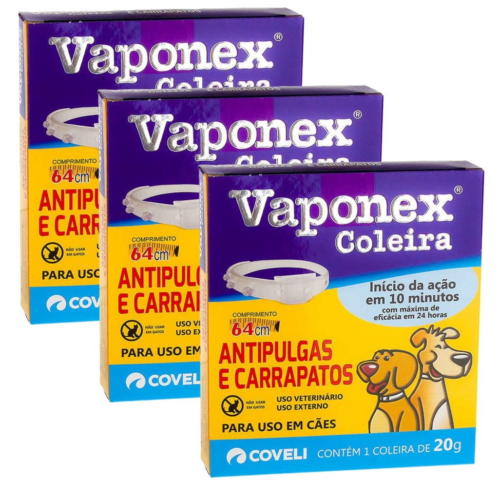 Kit 3 Vaponex Tam. 65 cm Coleira Anti Pulgas Coveli para Cães - 20 g - Pets