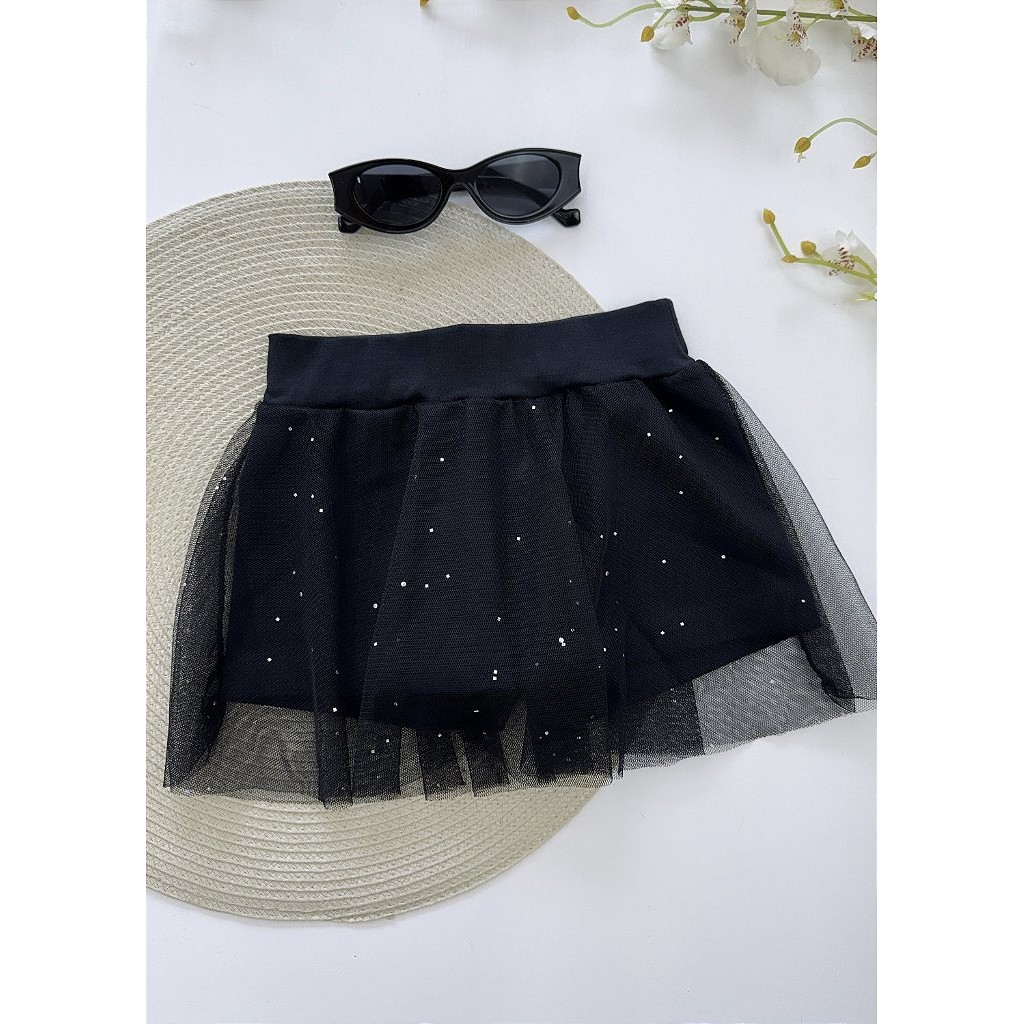 Short Saia Feminino Infantil Menina Preto Rosa Brilho Strass Tule VANDINHA