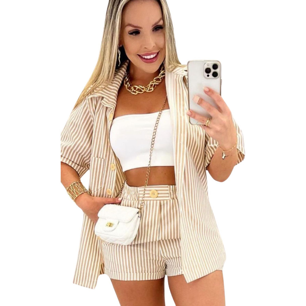 Conjunto Listrado Manga Curta Feminino Tendência Premium em Oferta na Shopee