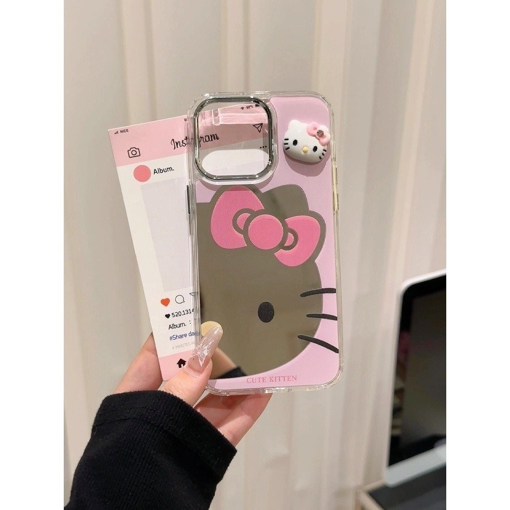 Cartoon KT Cat metade espelho bonito tendência capa de telefone Apple para iPhone 16promax 15 14 13 12 11 pro max 8plus 14promax 13promax 13promax 13pro 14pro caixa de espelho anti-queda - detalhe