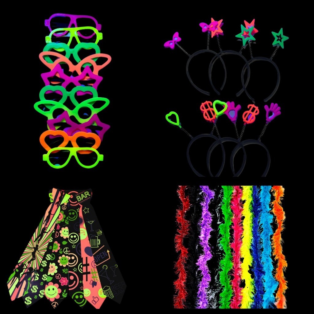 Kit Balada Neon Festa Casamento 40 itens Coloridos Divertidos Óculos, Gravatas, Marabus, Tiaras