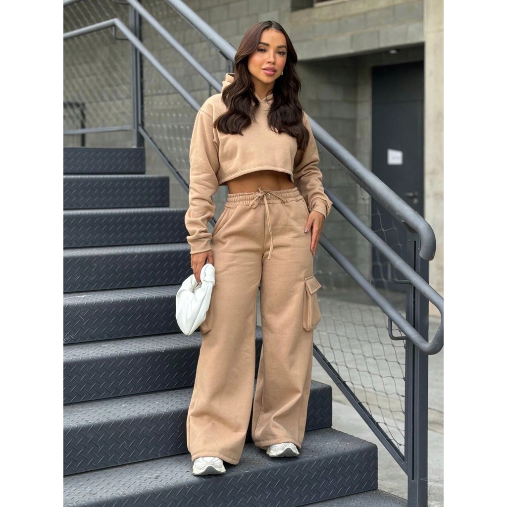 Conjunto Moletom Calça Pantalona Wide Leg Cargo e Cropped Manga Longa Moda Inverno