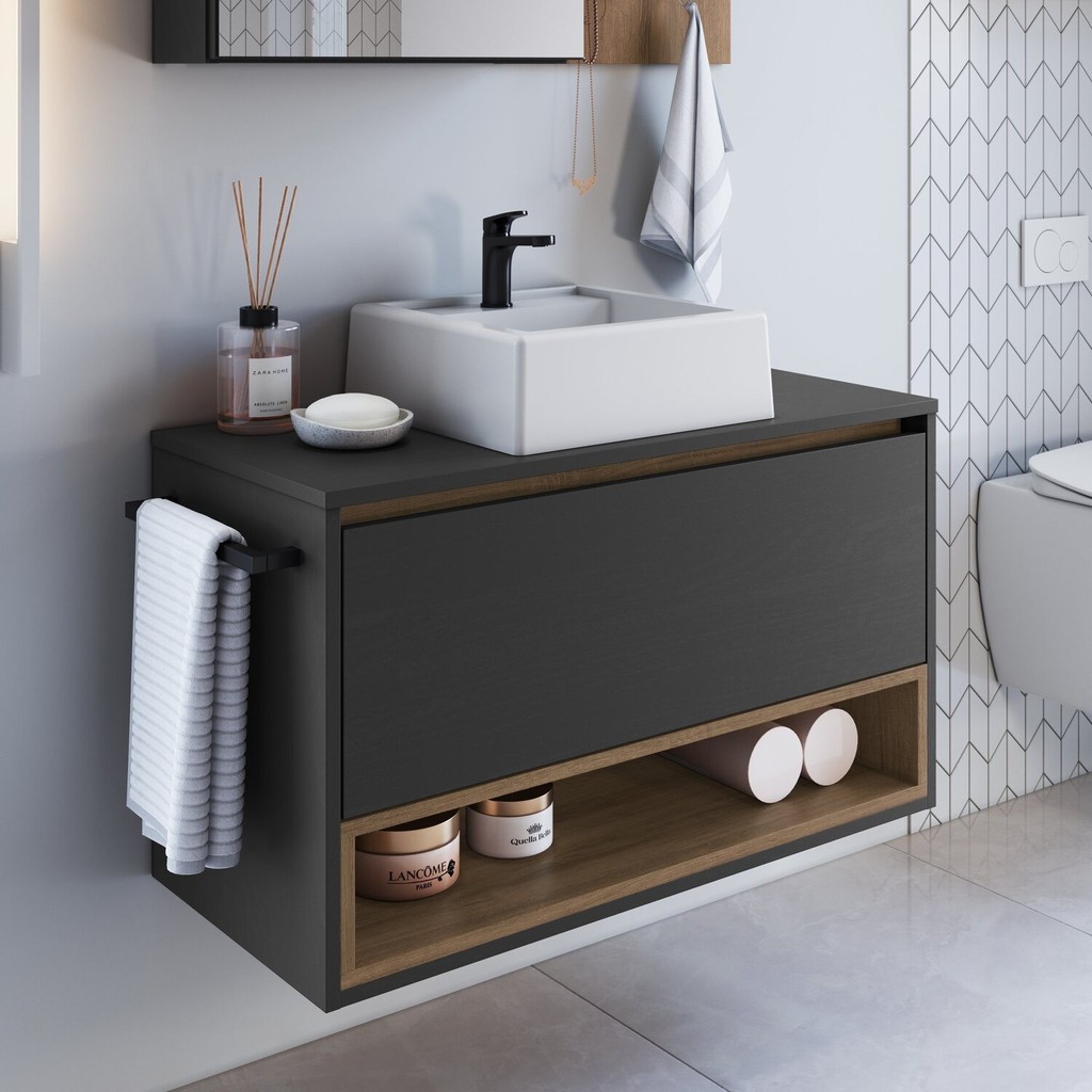 Gabinete de Banheiro Suspenso 80cm com 1 Nicho 1 Toalheiro 1 Porta com Cuba Mel/Grafite em Oferta na Shopee