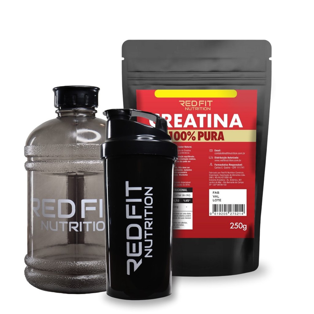 Creatina Monohidratada 250g Shaker Black 600ml Gallon Black 1,8L - 100% Pura Matéria-Prima Importada - Red Fit Nutrition