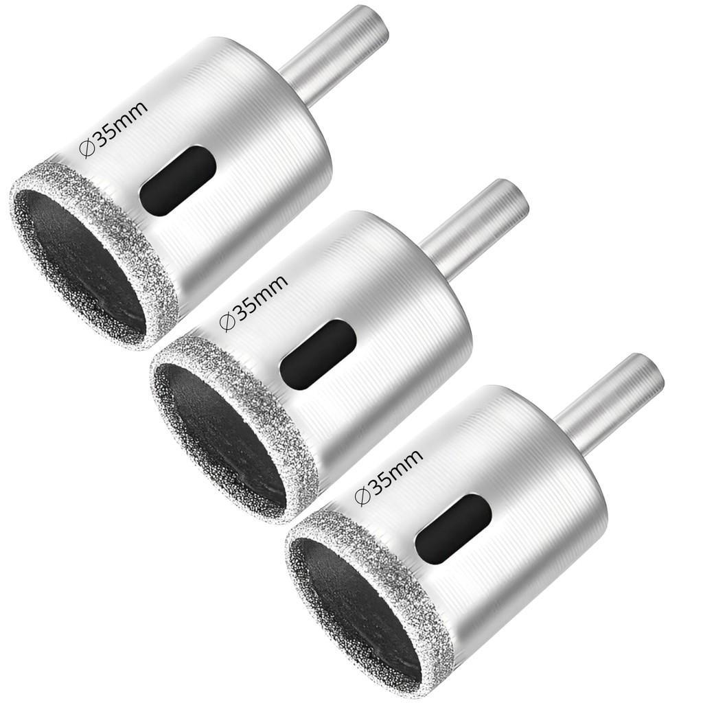 Kit 3 Serras Copo Diamantada Refrigerada 35mm Porcelanato Vidro Mármore Broca Copo Furo para Válvula de Cuba Casa