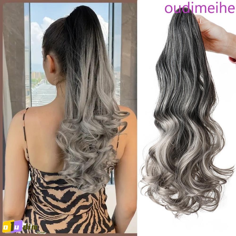 OUDIMEIHE Rabo De Cavalo Com Peruca Gradiente Cinza , Longo Ondulado E Fofo , Resistente Ao Calor Falso em Oferta na Shopee