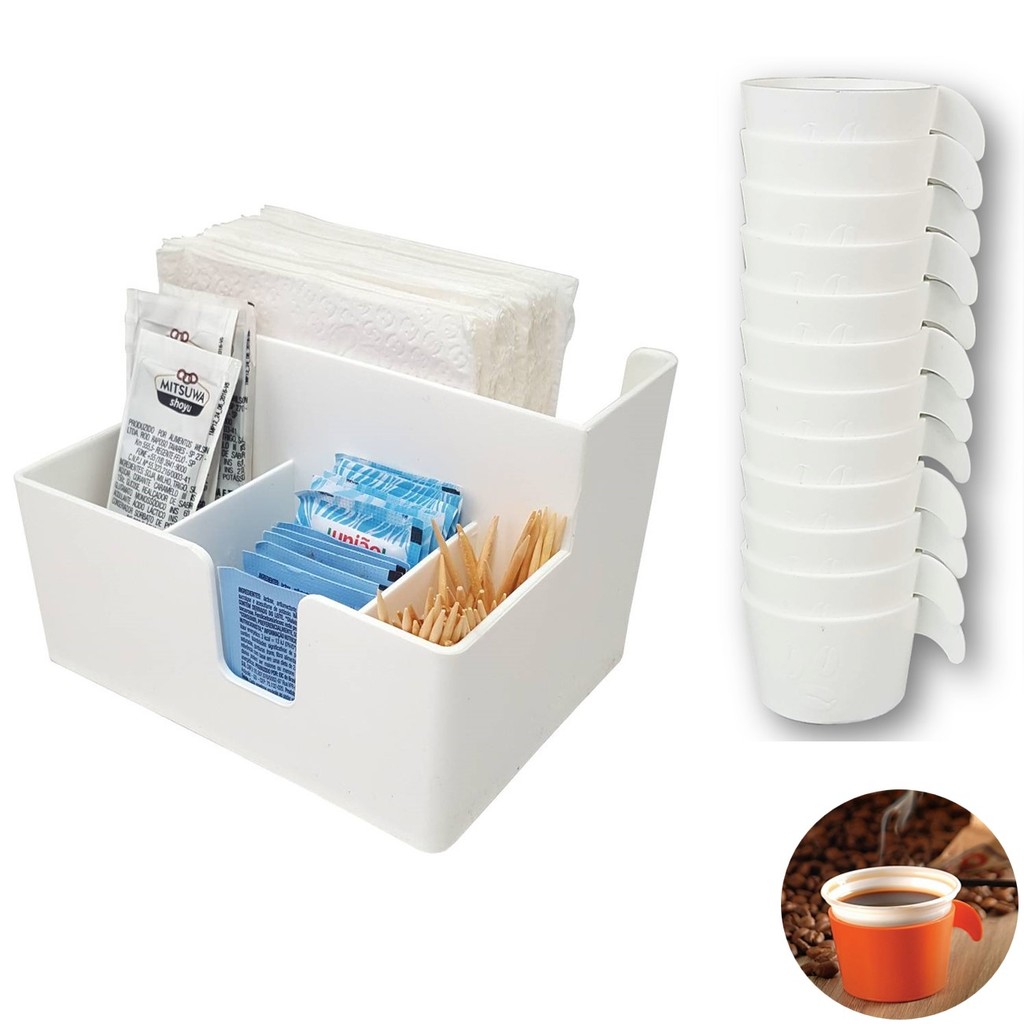Organizador Sachês De Mesa Guardanapos Mexedor Açúcar E 12 Porta Copos Descartável 50/80ml Branco - Coza
