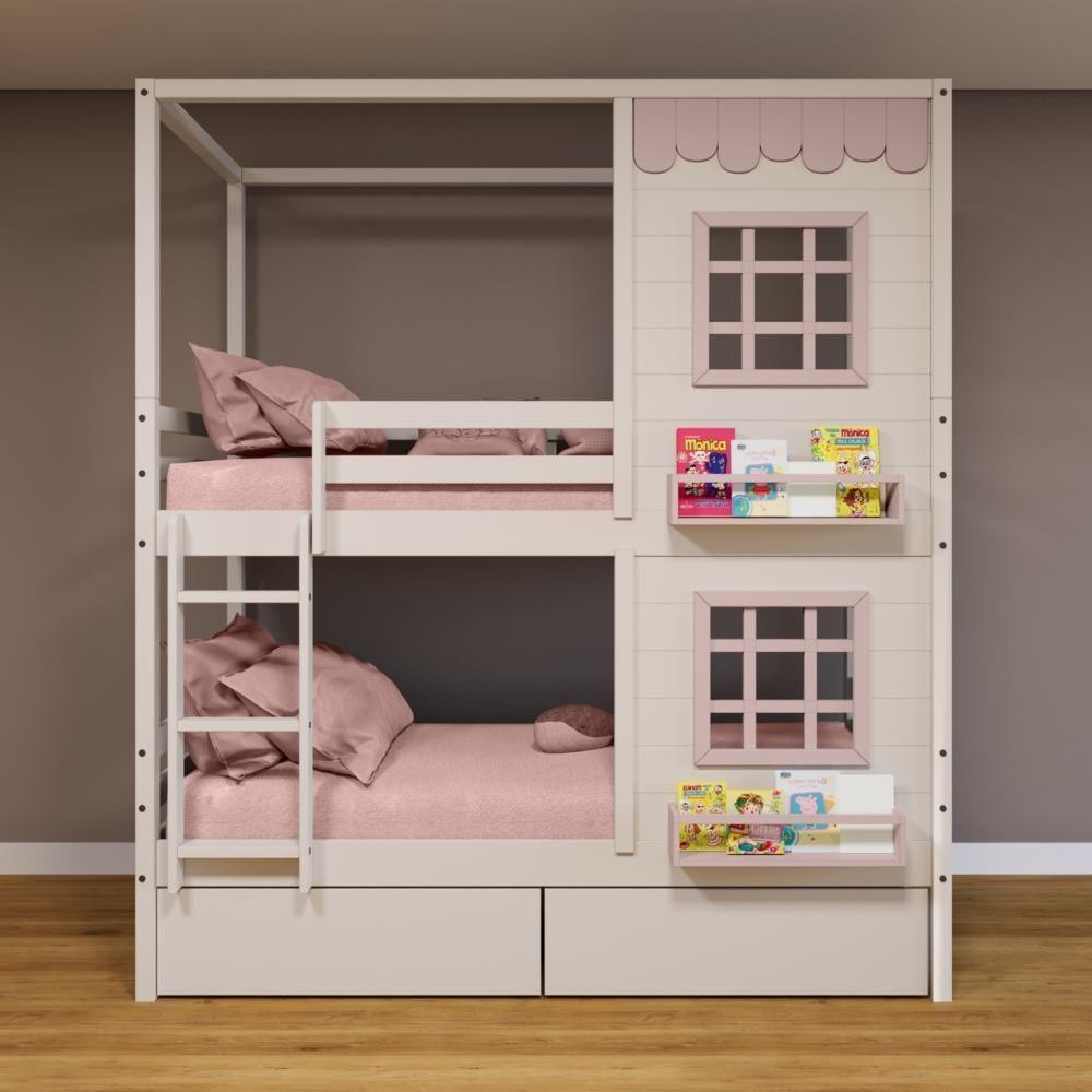 Beliche Casinha Reta 2 Janelas 2 Gavetas Branco Rosa em Oferta na Shopee