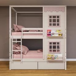 Beliche Casinha Reta 2 Janelas 2 Gavetas Branco Rosa