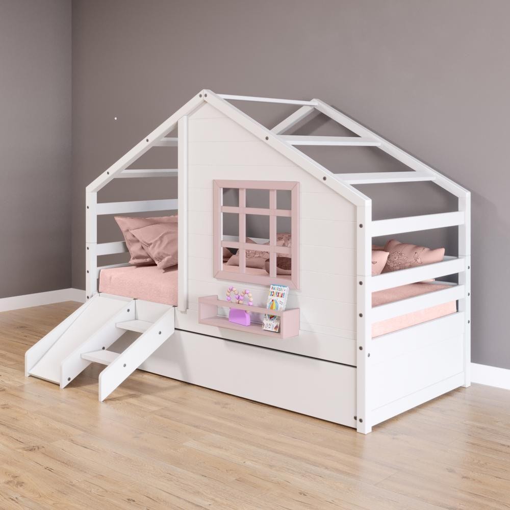 Bicama Casinha Janela Escada Escorrega Madeira Branco-Rosa