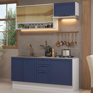 Armário de Cozinha Completa 180 cm Branco/Azul Vik Madesa 05 em Oferta na Shopee