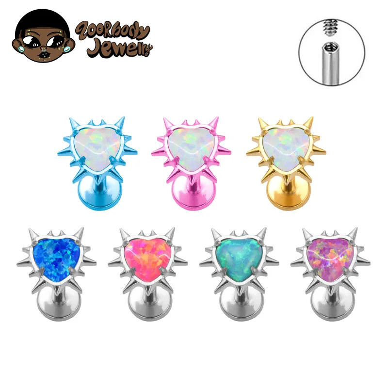Piercing Titânio Coração de Espinho Com Opala Para Cartilagem Helix Conch Lóbulo Cartilagem Tragus