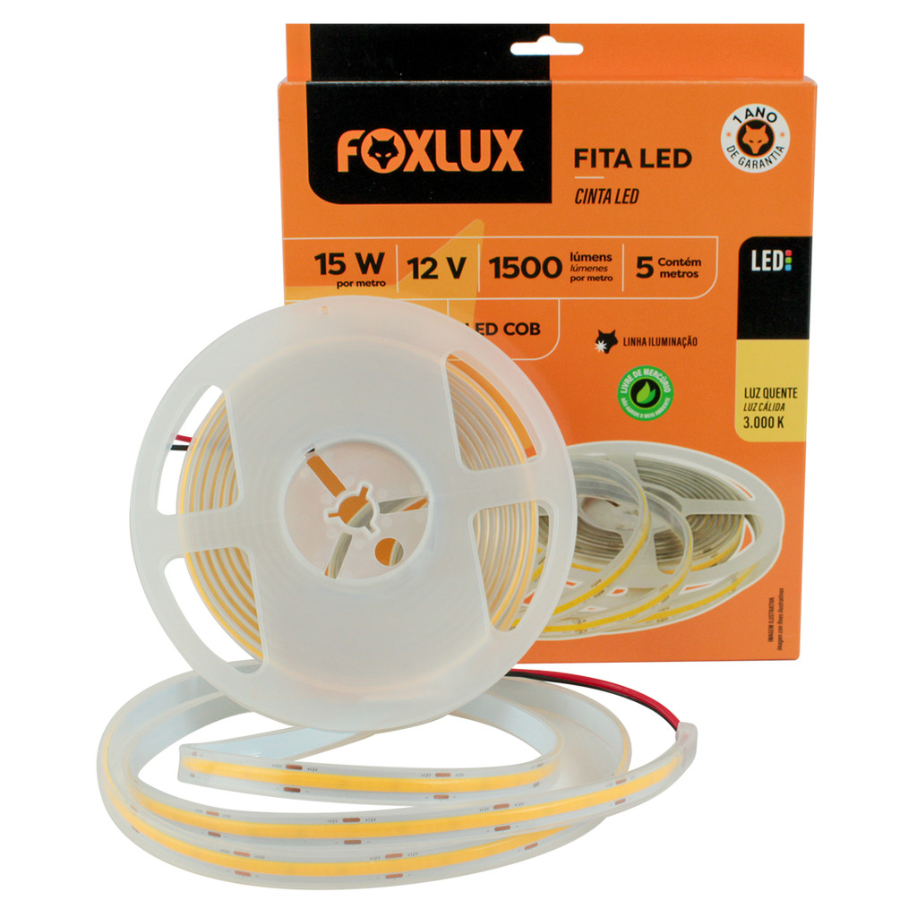 Fita LED Foxlux COB IP65 15W 3000K 12V 5M Branco Quente Para Sancas, Móveis e Decoração