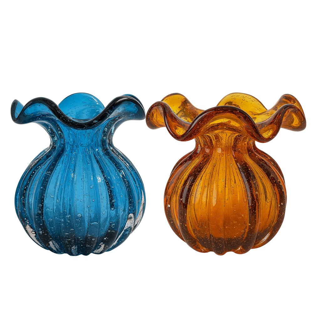 Kit 2 Vaso Vidro Murano Trouxinha Flor Plantas Arranjos Azul e Âmbar 10x11cm