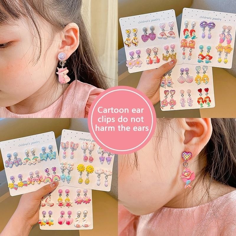 6 Pares Crianças Clipe Em Brincos Para Meninas Não Perfurados Sem Furos Bonito Dos Desenhos Animados Braçadeira Pacote