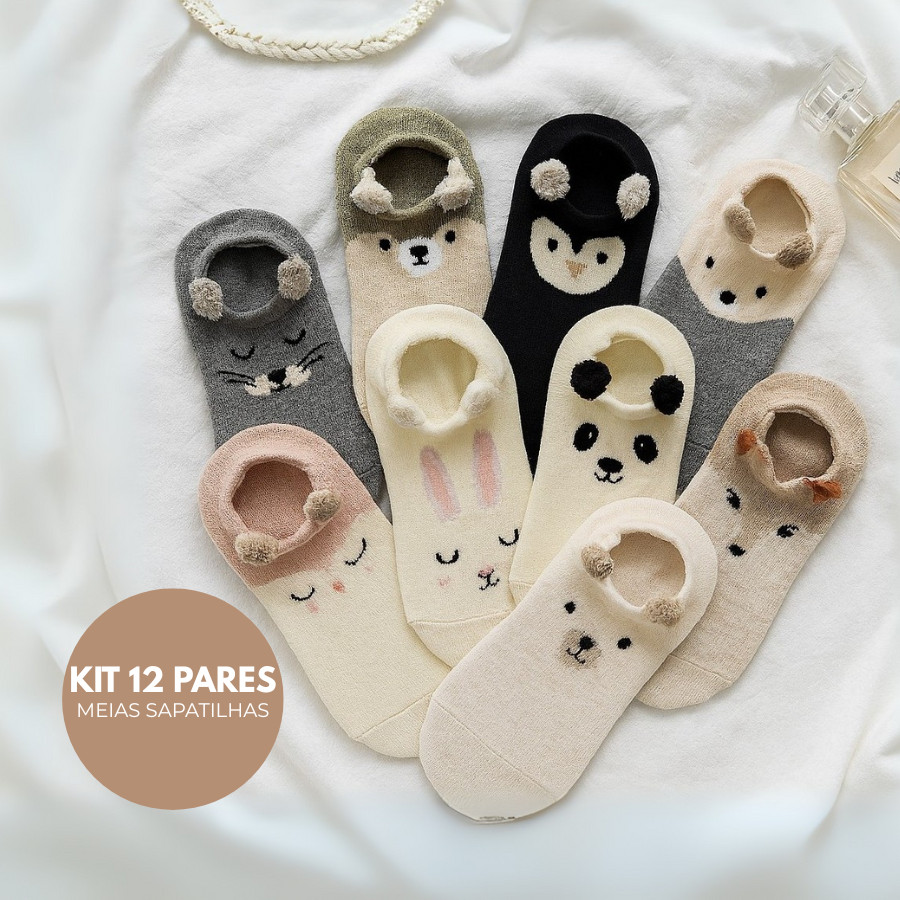 KIT 12 Pares Meia Sapatilha Feminina Adulto Algodão Bichinhos Divertida Criança MK em Oferta na Shopee