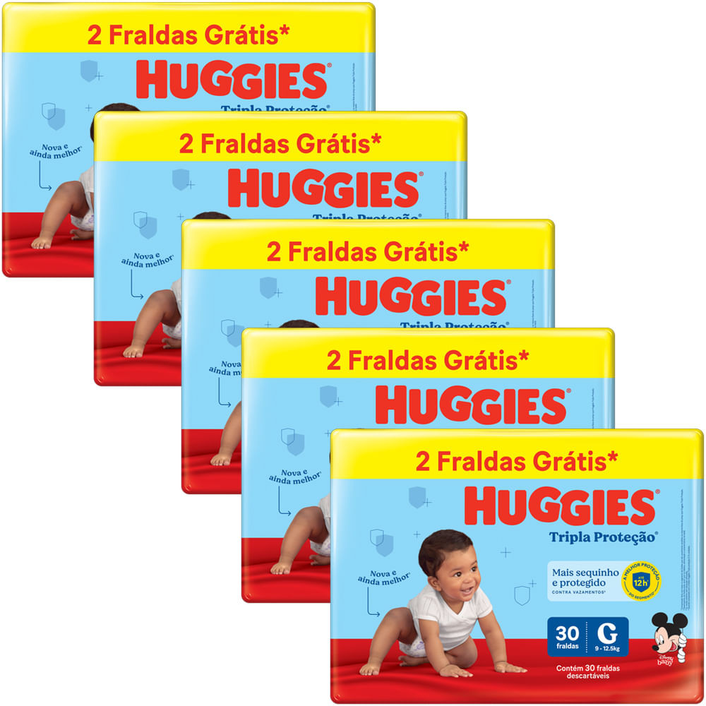 Kit 5 Fraldas Huggies Tripla Proteção Meguinha G - 150 Tiras - Mom & Baby