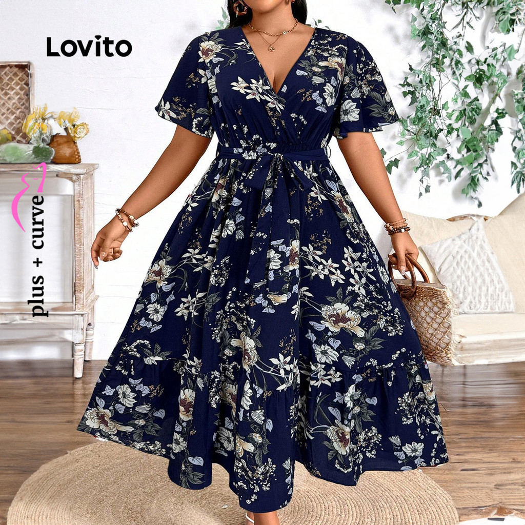 (Trendy) Lovito Vestido Curva Plus Size Floral Com Cinto Com Cadarço Verão/Primavera Praia Férias Para Mulheres LBL23726 - Women Clothes