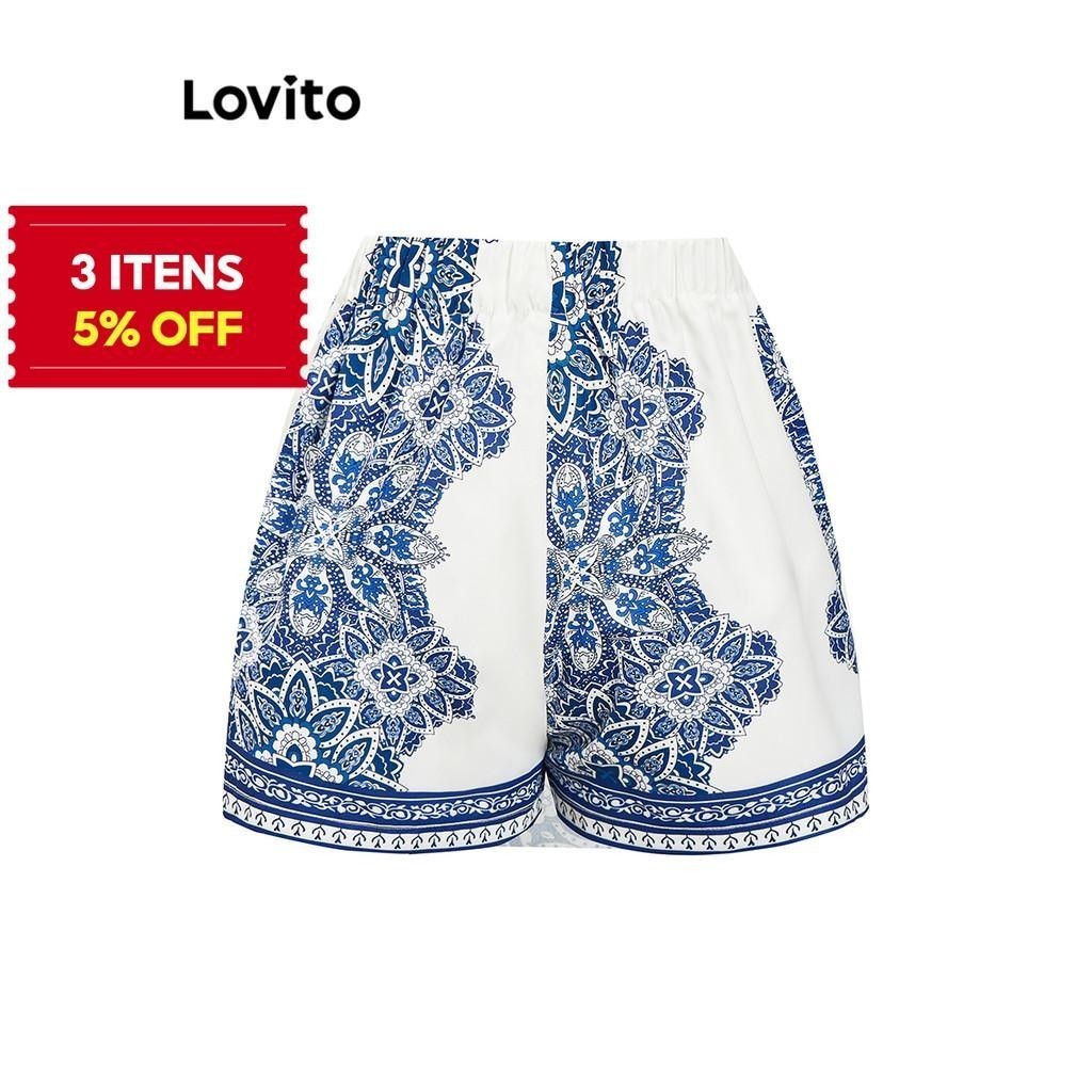 (Trendy) Lovito Shorts Boho Paisley Padrão Assimétrico Curto Para Mulheres L91AD181 - Women Clothes