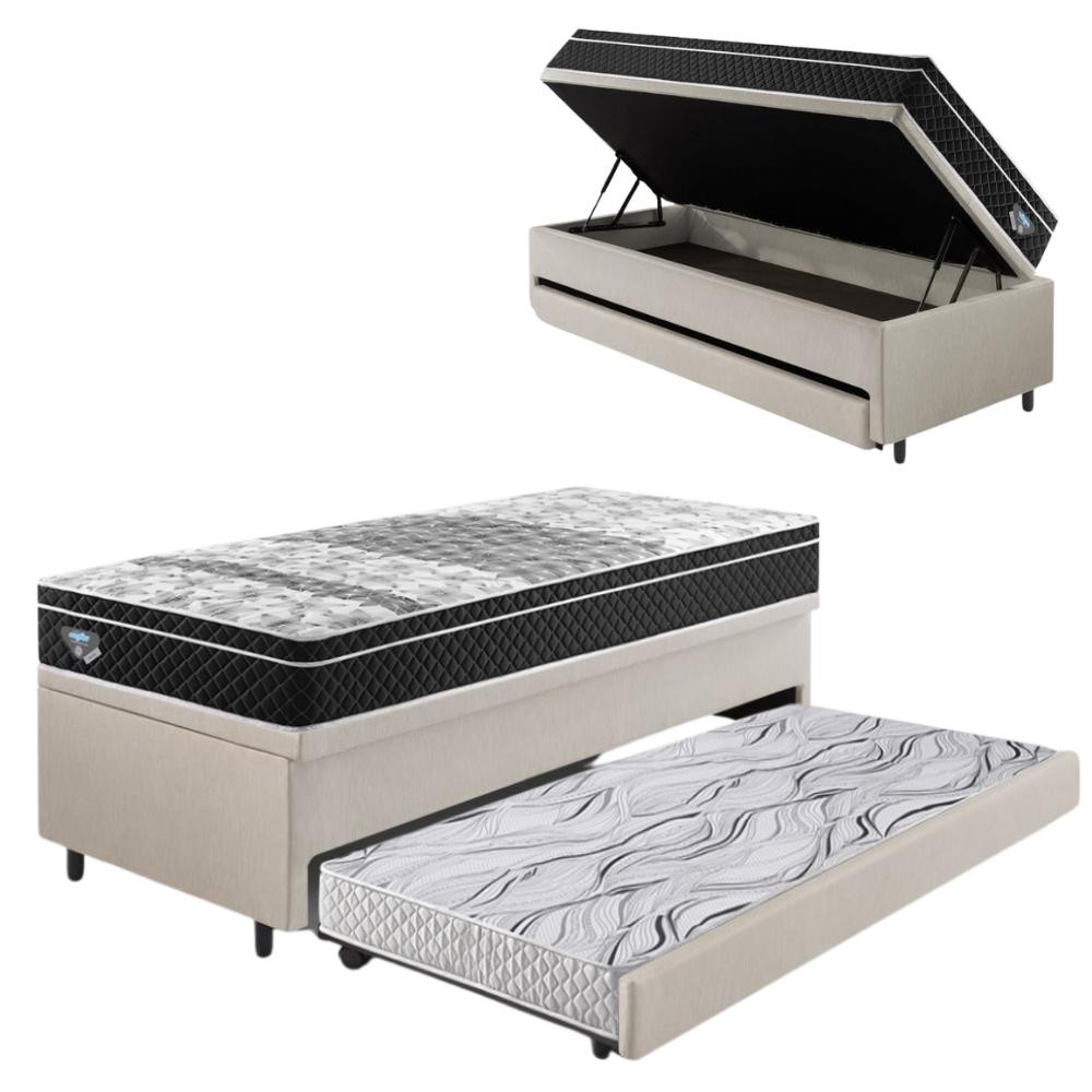 Bicama Box Baú Courino Linho Areia 88x188 com Colchão Gransleep Molas Verticoil Ecoflex