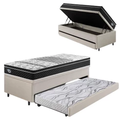 Bicama Box Baú Courino Linho Areia 88x188 com Colchão Gransleep Molas Verticoil Ecoflex