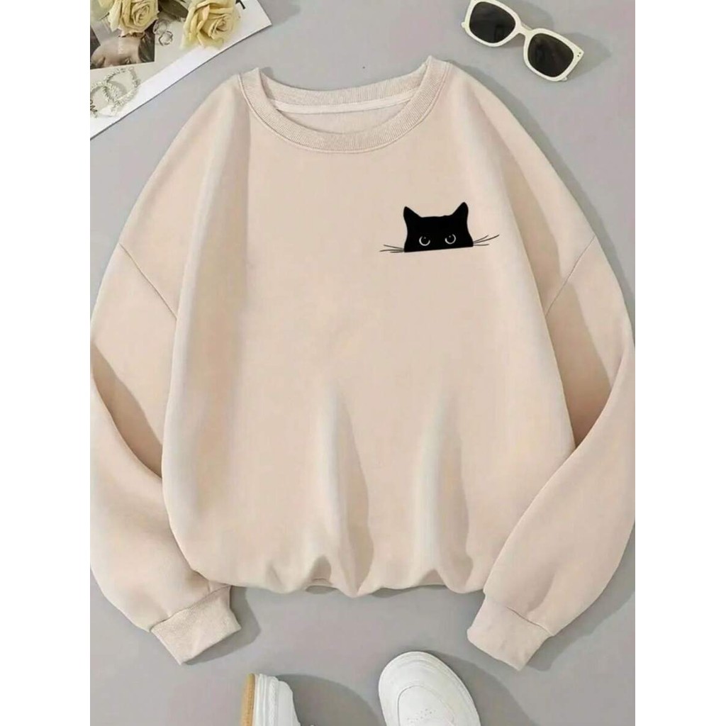 Moletom feminino Gola redonda flanelado confortável estampa gato casual moda feminina em Oferta na Shopee